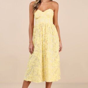 Lulus Quite Perfect Yellow Floral Embroidered Strapless Midi Dress - Size S